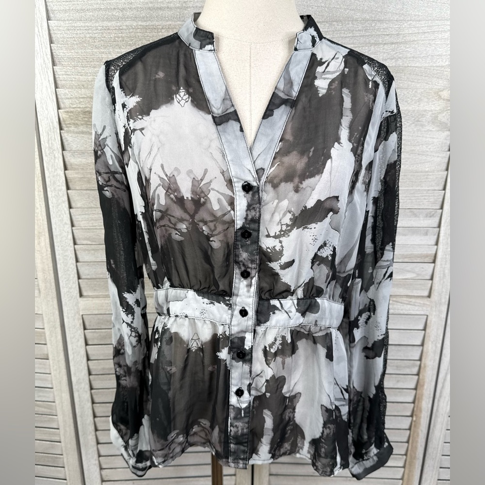 ARDEN B Black & Gray Sheer Abstract Print Y2K Blouse with Mesh Accents-Large